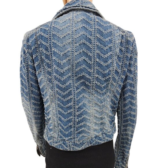 Free People Women' Punched Denim Moto Jacket Size 10 Herringbone Blue Jean Biker - Picture 4 of 12